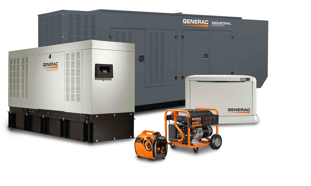 The image shows two generators with the brand  GENERAC  on them, positioned next to each other outdoors, along with a smaller generator and a piece of equipment that appears to be a portable air compressor.
