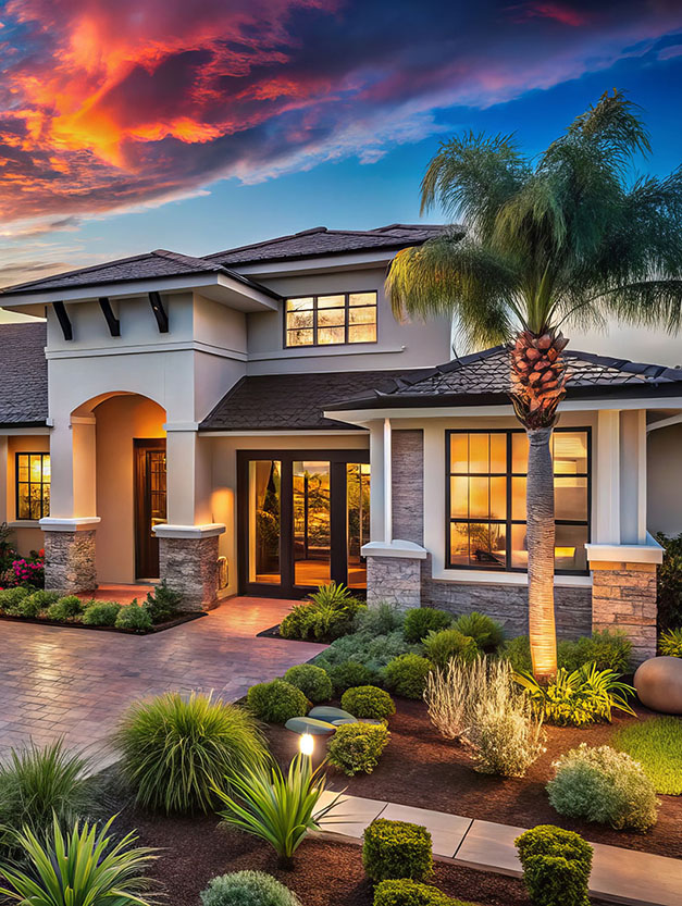 The image shows a modern two-story residential house with a well-manicured front yard at sunset, featuring palm trees, a driveway, and a stone facade.