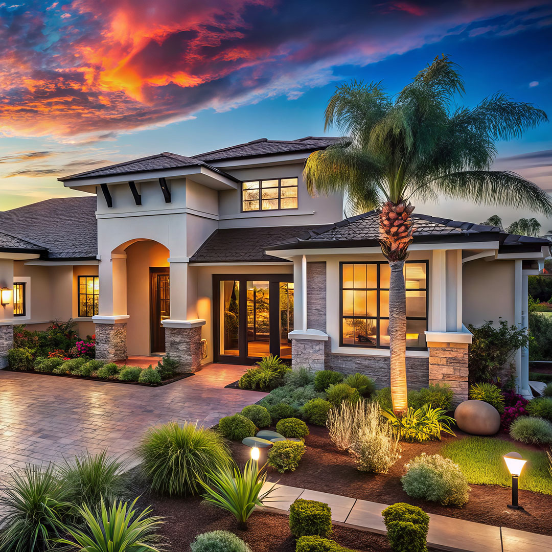 The image shows a two-story residential house with a well-manicured front yard during sunset, featuring a palm tree, landscaping, and a brick driveway.